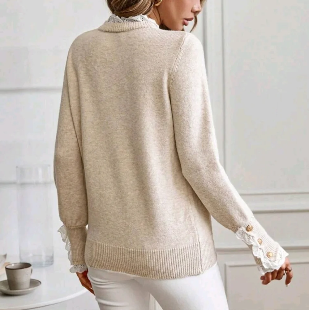 Women's Apricot Floral Trim Crew Neck Long Sleeve Knitted Sweater - Picture 3 of 4
